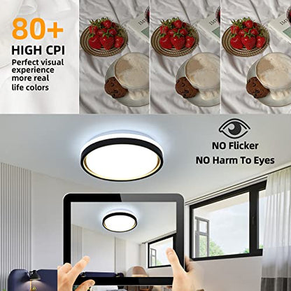 Hurrah LED Ceiling Light Fixture with Remote Control - 17W Flush Mount Dimmable Ceiling Lamp Black Round 2700K-6500K 11.8in Close to Ceiling Lighting for Bedroom Living Room Hallway Kitchen
