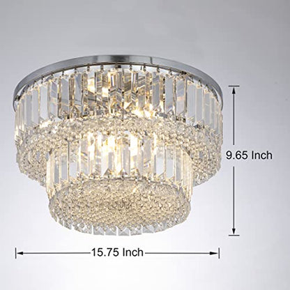 Berliget Chrome Crystal Flush Mount Chandelier, Modern Round Crystal Ceiling Light Fixture, Bling Silver Raindrop Ceiling Lamp for Closet Bedroom Living Room Dining Room, 2 Tier 6 Llight H10 x D16