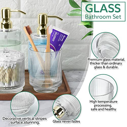 Bathroom Accessory Set,5 PCS Modern Premium Clear Glass Bath Accessories,Set of 2 Lotion Soap Dispensers,Toothbrush Holder,Qtip Holder & Acacia Wooden Tray,Gift for Home Decor & Countertop Organizer