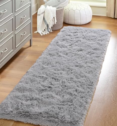 Unirea Fluffy Runner Rug for Bedroom Living Room 2x6 Feet, Grey Shag Area Rugs Soft Plush Carpet Thick Long Fur Rug for Hallway Bedside Kids Nursery Girls Room Home Decor Mats