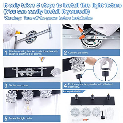 FLOURIM Vanity Light Fixture, Modern Crystal Bathroom Vanity Light Fixtures,Over Mirror 3 Lights Wall Sconcs, E26 Chrome Vanity Light Bathroom Wall Lighting