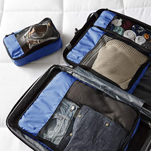 Amazon Basics 4 Piece Packing Travel Organizer Cubes Set, Small, Medium, Large, and Slim, Blue