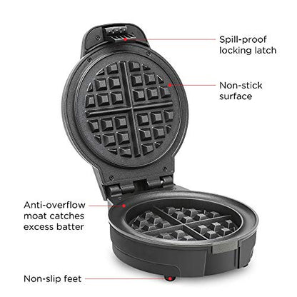 Chefman Anti-Overflow Belgian Waffle Maker w/Shade Selector, Temperature Control, Mess Free Moat, Round Iron w/Nonstick Plates & Cool Touch Handle, Measuring Cup Included, Black