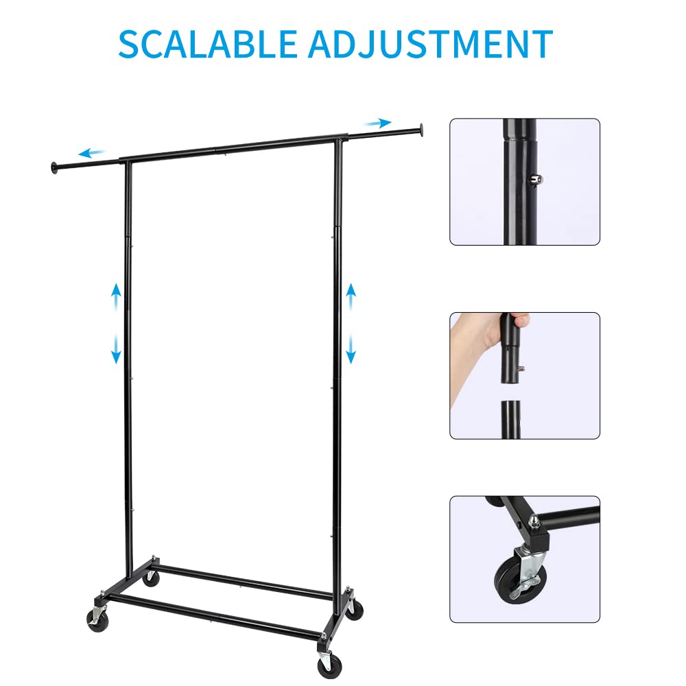 Fishat Standard Rod Simple Rolling Clothing Garment Rack for Hanging Clothes, Metal Clothes Organizer with Lockable Wheels for Dorm Bedroom Home Balcony (Black)