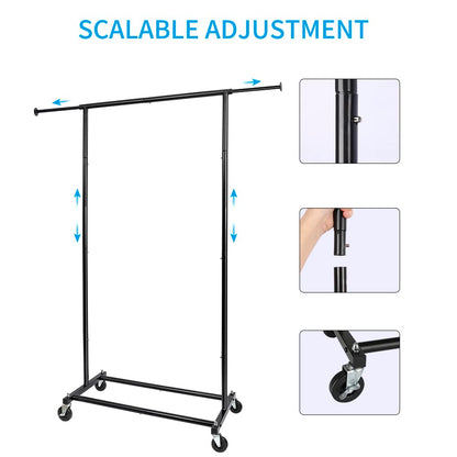 Fishat Standard Rod Simple Rolling Clothing Garment Rack for Hanging Clothes, Metal Clothes Organizer with Lockable Wheels for Dorm Bedroom Home Balcony (Black)