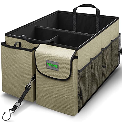 Drive Auto Car Trunk Organizer - Collapsible, Multi-Compartment Automotive SUV Car Organizer for Storage w/Adjustable Straps - Truck & Car Accessories for Women and Men - Tan
