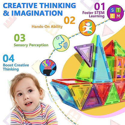 Magnetic Tiles for Kids Toys, STEM Magnetic Blocks Building Toys, Toddler Toys for Boys Age 3-4, Preschool Learning Educational Montessori Toys for 3+ Year Old, Christmas Birthday Gift for Toddlers