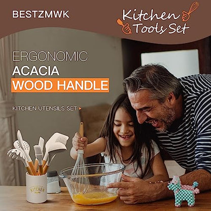 Kitchen Cooking Utensils Set, 14 Non-Stick Silicone Cooking Kitchen Utensils Spatula Set with Holder, Wooden Handle Silicone Kitchen Gadgets Utensil Set for Nonstick Cookware (Khaki)
