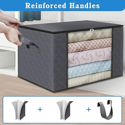 BlissTotes Storage Clothing Bags Storage Clothes Organizer with Reinforced Handle Sturdy Fabric Clear Window for Blankets, Bedding, Collapsible with Sturdy Zipper, 6 Pack, 60L, Grey