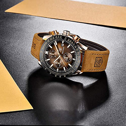 BENYAR Mens Watches Quartz Movement Chronograph Leather Strap Fashion Business Sport Design 30M Waterproof Scratch Resistant Elegant Gifts for Men