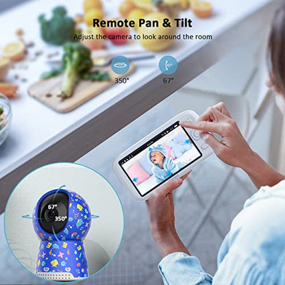 NexiGo Video Baby Monitor with Camera and Audio, 5 Inch Split IPS Screen, Support Up to 4 Cameras, 2-Way Audio, Pan-Tilt-Zoom, 4800mAh Battery, Temperature Detection, Night Vision, Lullaby (Blue)