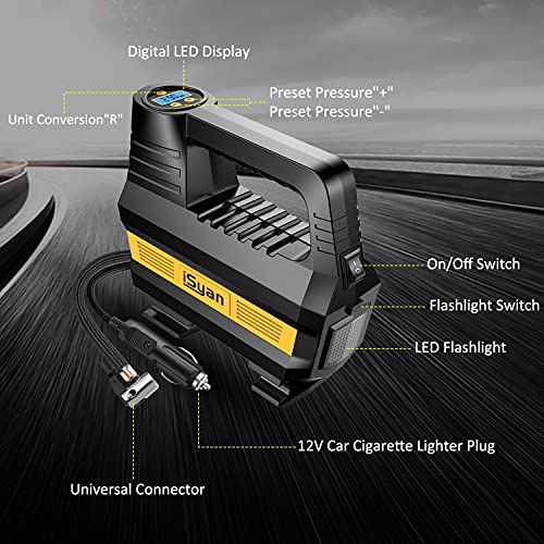Air Compressor Tire Inflator - 12V DC Portable Air Pump for Car Tires, Auto Tire Pump with Digital Pressure Gauge, 150PSI Air Compressor Pump with LED Emergency Light for Car, Bicycles, Balloons