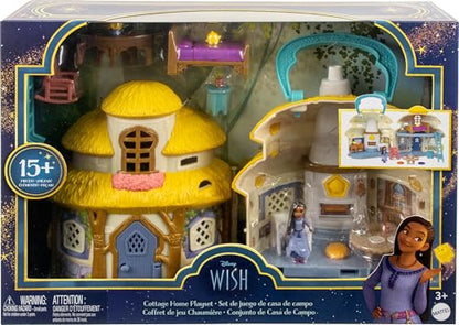 Mattel Disney Wish Mini Doll & Dollhouse Playset, Asha of Rosas Cottage with Micro Doll, Star Figure & 15+ Furniture & Accessories, Travel Toys
