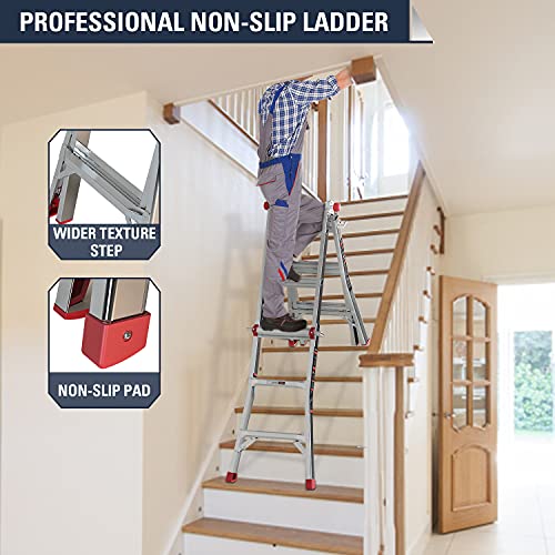 STEALTH Folding Ladder, 13 ft Aluminum Extension Ladder, 300 lbs Load Capacity, Portable Telescoping Ladder with Non-Slip Rubber, Multi-Position Step Ladders, for Working Indoor/Outdoor EM4X3L1