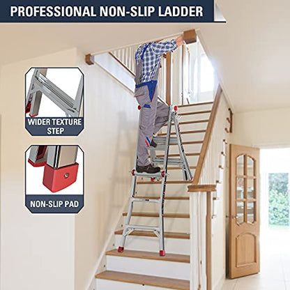 STEALTH Folding Ladder, 13 ft Aluminum Extension Ladder, 300 lbs Load Capacity, Portable Telescoping Ladder with Non-Slip Rubber, Multi-Position Step Ladders, for Working Indoor/Outdoor EM4X3L1