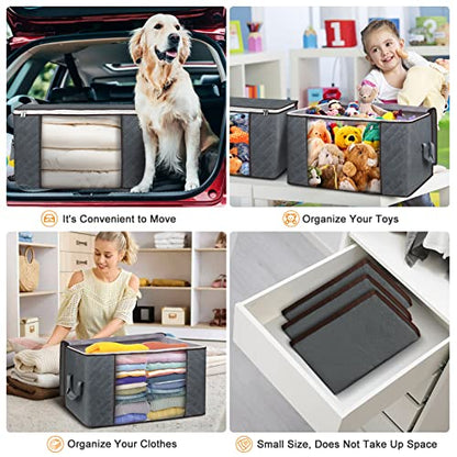 90L Large Storage Bags, 6 Pack Clothes Storage Bins Foldable Closet Organizer Storage Containers with Durable Handles Thick Fabric for Clothing, Blanket, Comforters, Bed Sheets, Pillows and Toys (Gray)