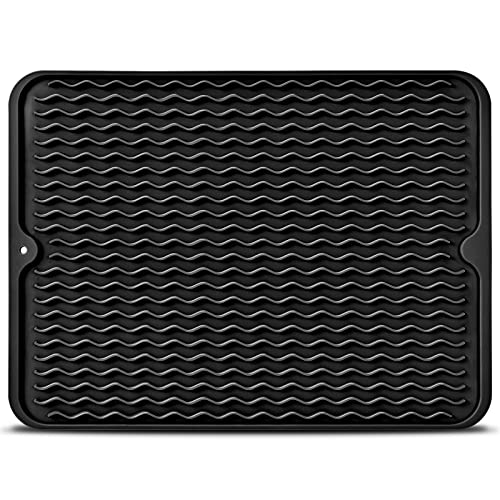 Elyum Dish Drying Mat, Silicone Drying Mat Heat Resistant Dish Mat Non-Slip Easy Clean Drying Mats for Kitchen Counter Sink(16" x 12'', Black)