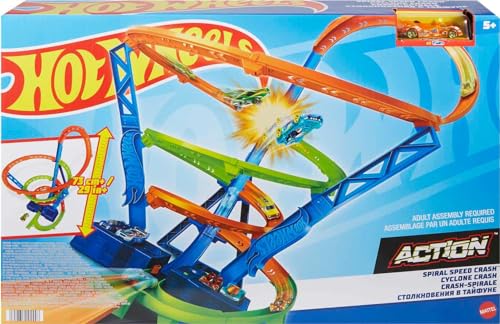 Hot Wheels Toy Car Track Set Spiral Speed Crash, Powered by Motorized Booster, 29-in Tall Track with 1:64 Scale Car