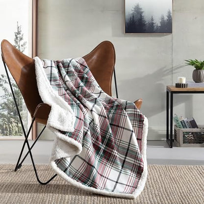 Eddie Bauer - Throw Blanket, Cotton Flannel Home Decor, All Season Reversible Sherpa Bedding (Montlake Plaid Red, Throw)