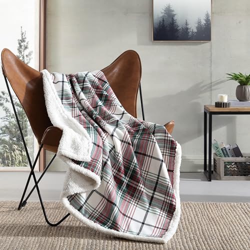 Eddie Bauer - Throw Blanket, Cotton Flannel Home Decor, All Season Reversible Sherpa Bedding (Montlake Plaid Red, Throw)