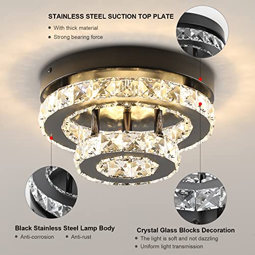 ECOBRT Mini Crystal Chandeliers Modern Black Flush Mount Ceiling Light Surface Mount Led Ceiling Light Bedroom Ceiling Lights Indoor 9.8" Diameter Black 3000K