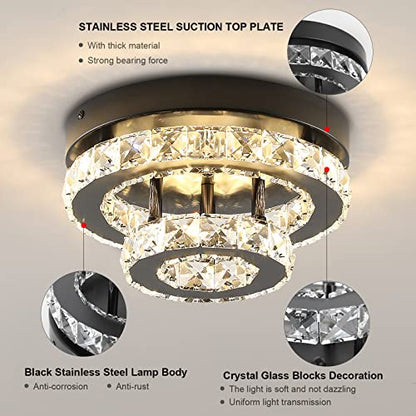 ECOBRT Mini Crystal Chandeliers Modern Black Flush Mount Ceiling Light Surface Mount Led Ceiling Light Bedroom Ceiling Lights Indoor 9.8" Diameter Black 3000K