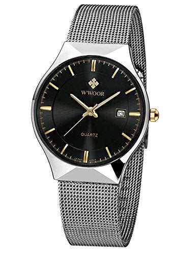 MASTOP Men Watch Ultra Thin Watches Stainless Steel Mesh Band Quartz Wristwatch Fashion Date Waterproof Watches (Black Silver)