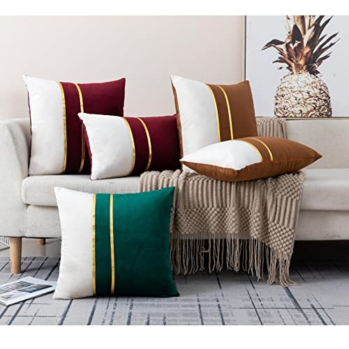 ZLINA Set of 2 Velvet Decorative Throw Pillow Covers Coffee Brown White Patchwork with Gold Leather Pillow Covers 24 × 24 Inch Cushion Covers Decor Living Room Sofa Bedroom Car