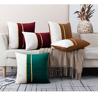 ZLINA Set of 2 Velvet Decorative Throw Pillow Covers Coffee Brown White Patchwork with Gold Leather Pillow Covers 24 × 24 Inch Cushion Covers Decor Living Room Sofa Bedroom Car