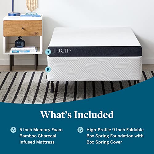 LUCID 5 Inch Memory Foam Bamboo Charcoal Mattress and 9 Inch Steel Foldable Full Box Spring Foundation with Center Support Bolts and Cover