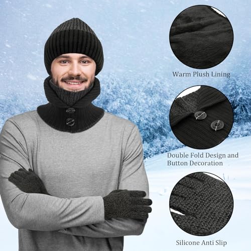3-Pieces Winter Beanie Hats, Scarf and Touch Screen Gloves Set for Men and Women, Warm Knit Cap Set Dark Grey-2