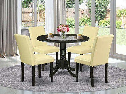 East West Furniture DLAB5-BLK-73 5 Piece Dining Table Set for 4 Includes a Round Kitchen Table with Dropleaf and 4 Eggnog Faux Leather Upholstered Chairs, 42x42 Inch, Black