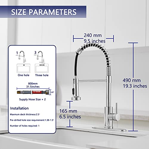 VOTON Kitchen Faucets with Pull Out Sprayer Commercial Spring Sink Faucet Stainless Steel Chrome Pull Down Single Handle Farmhouse faucets with Deck Plate for Camper Laundry Utility Rv Wet Bar