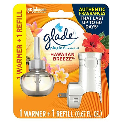 Glade PlugIns Refills Air Freshener Starter Kit, Scented Oil for Home and Bathroom, Hawaiian Breeze, 0.67 Fl Oz, 1 Warmer + 1 Refill