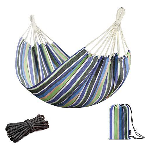 JoyView Brazilian Hammock for Single Preson Portable Hammock with Hanging Ropes & Carry Bag Large 78.8x39.4” Cotton Hammock for Patio 300LBS Capacity Perfect for Outdoor/Indoor - Blue & Green Stripes