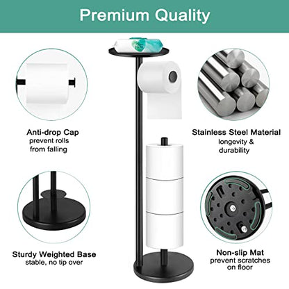 Toilet Paper Holder Stand, Bathroom Free Standing Toilet Roll Holder with Top Shelf for Phone/Wipes, Dispenser and Reserve for 4 Rolls, Black, Housen Solutions