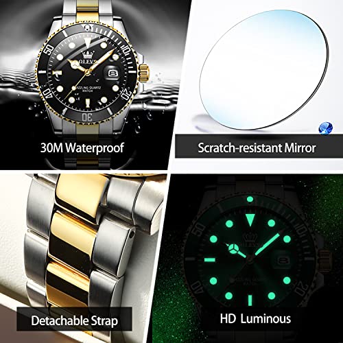 OLEVS Men Watches Quartz Watch Wrist Watch for Men Stainless Steel with Date Classic Bussiness Big Face Waterproof Luminous Green/Black/Blue