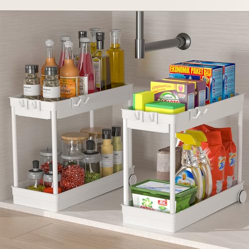 Fowooyeen Bathroom Organizer 2 Pack Bathtub Trays Cabinet Counter Organization Under Sink Storage for Bathroom and Kitchen White1