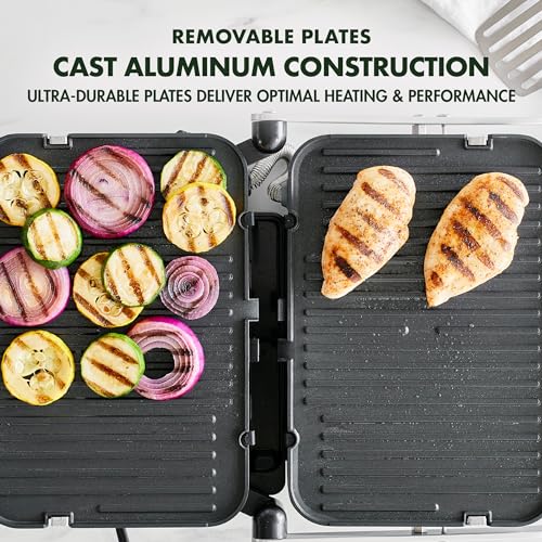 GreenPan Electric Indoor Stainless Steel 6-in-1 Contact Grill and Griddle, Healthy Ceramic Nonstick, Dishwasher Safe Reversible Plates, PFAS-Free