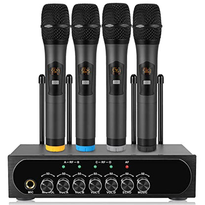 LiNKFOR Portable UHF 4 Channel Wireless Microphone System with Four Handheld Wireless Microphone, Bluetooth Wireless Connection for Mobliephones, 50 * 4 Frequencies, with Echo, AUX Input & Output