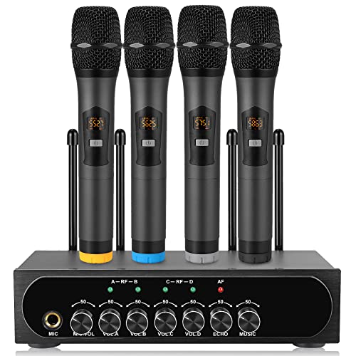 LiNKFOR Portable UHF 4 Channel Wireless Microphone System with Four Handheld Wireless Microphone, Bluetooth Wireless Connection for Mobliephones, 50 * 4 Frequencies, with Echo, AUX Input & Output