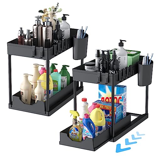2 Pack Under Sink Organizer, 2 Tier Under Bathroom Cabinet Organizer 6 Hooks 1 Cup, Pull Out Cabinet Basket Organizer for Under the Kitchen Bathroom Sink Organizers and Storage