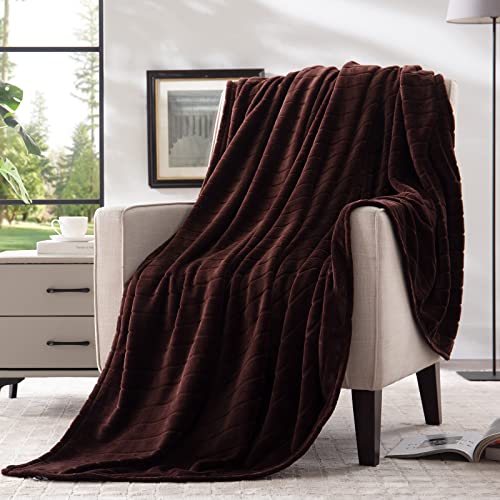 Bertte Plush Throw Blanket Super Soft Fuzzy Warm Blanket | 330 GSM Lightweight Fluffy Cozy Luxury Decorative Stripe Blanket for Bed Couch - 50"x 60", Brown