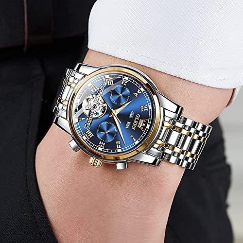 Mens Watches OLEVS Watch Men Automatic Watches for Men Tourbillon Self Winding Skeleton Watch for Men,Men's Wrist Watches Luxury Dress Waterproof Mens Watch Blue Dial Mechanical Watch Day Date,reloj para hombre