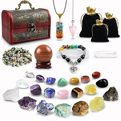Healing Crystals Set, 28 Pcs Real Crystals and Healing Stones Kit, Energy Crystals for Beginners Meditation Yoga, 14 Natural Tumbled Crystals and 7 Raw Chakra Stones, Crystal Ball, Pendulum, Selenite