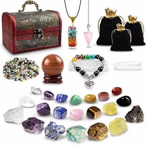 Healing Crystals Set, 28 Pcs Real Crystals and Healing Stones Kit, Energy Crystals for Beginners Meditation Yoga, 14 Natural Tumbled Crystals and 7 Raw Chakra Stones, Crystal Ball, Pendulum, Selenite
