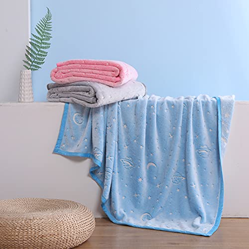 Glow in The Dark Throw Blanket for Kids, Soft Fleece Blanket for Couch Bed, Outdoor Fuzzy Blanket with Galaxy Planet Pattern, Birthday Gifts for Girls Boys and Toddler Blue 50x60 Inch