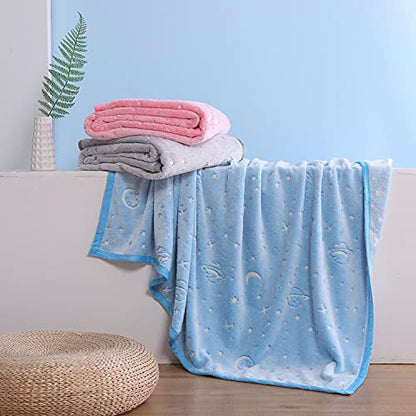 Glow in The Dark Throw Blanket for Kids, Soft Fleece Blanket for Couch Bed, Outdoor Fuzzy Blanket with Galaxy Planet Pattern, Birthday Gifts for Girls Boys and Toddler Blue 50x60 Inch