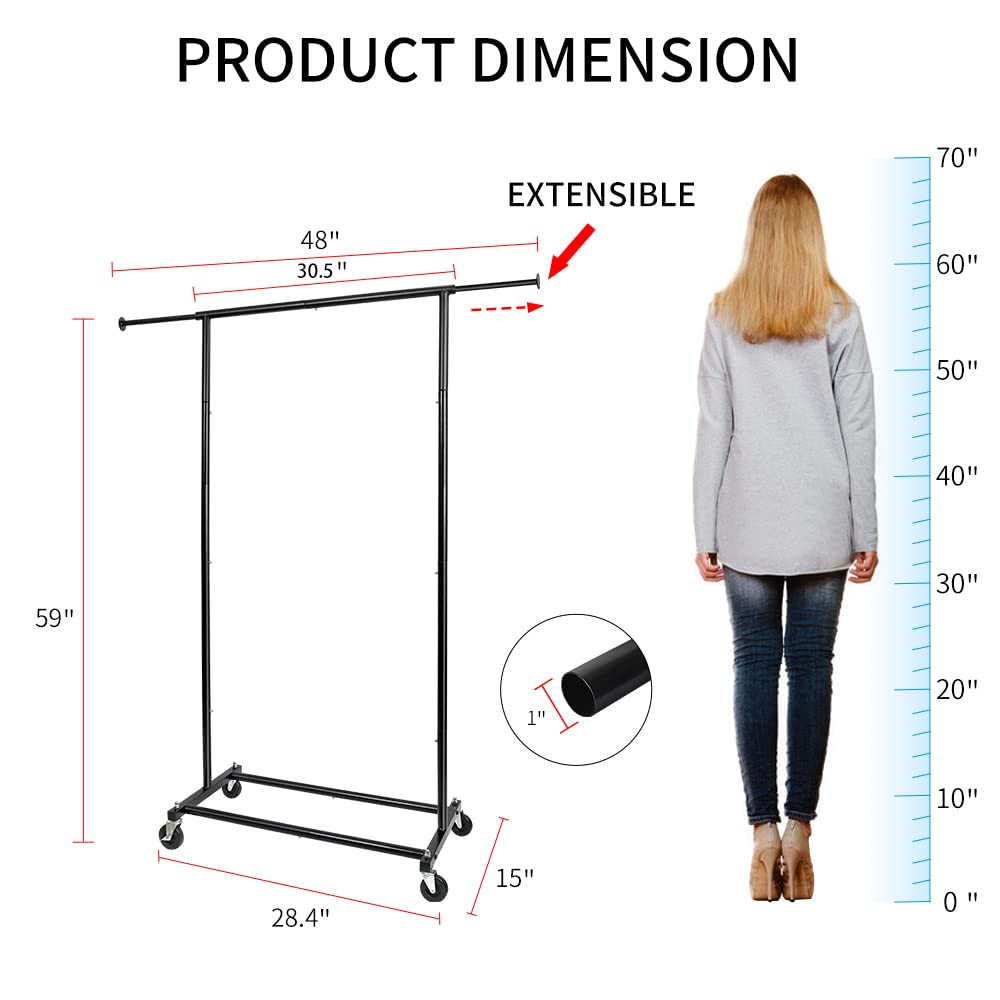Fishat Standard Rod Simple Rolling Clothing Garment Rack for Hanging Clothes, Metal Clothes Organizer with Lockable Wheels for Dorm Bedroom Home Balcony (Black)