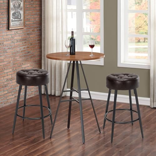 Furniliving 26" Farmhouse Round Leather Bar Stools, Mid-Century Bar Height Kitchen Stools with Footrest for Island Coffee Pub Shop Set of 2